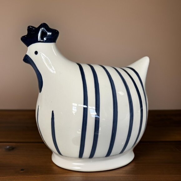 White and Blue Ceramic Hen by Indigo Daze Chicken Pottery Figurine 7" W x 6.75 H - Picture 1 of 11